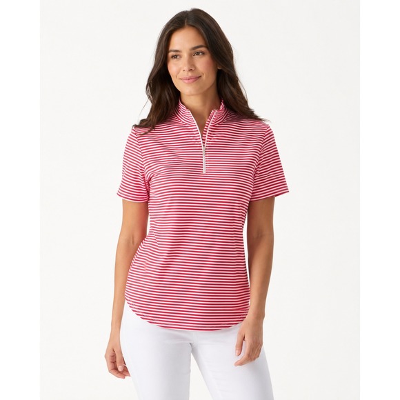 Tommy Bahama Tops - Tommy Bahama IslandZone Red White Striped Quarter Zip Polo Shirt Womens Medium